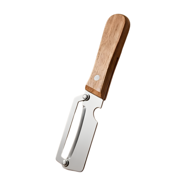 Pelapatate 2-in-1 per frutta e verdura in acciaio inox | Ampia superficie di taglio per melone e ananas | Manico in legno antiscivolo, incluso apribottiglie