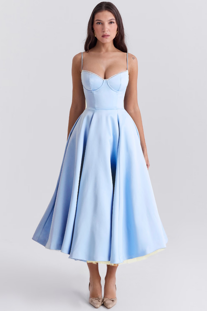Damen Tüllkleid Elegant &amp; Feminin | Midikleid mit Verstellbaren Trägern | Romantisches Abendkleid für Hochzeiten &amp; Partys