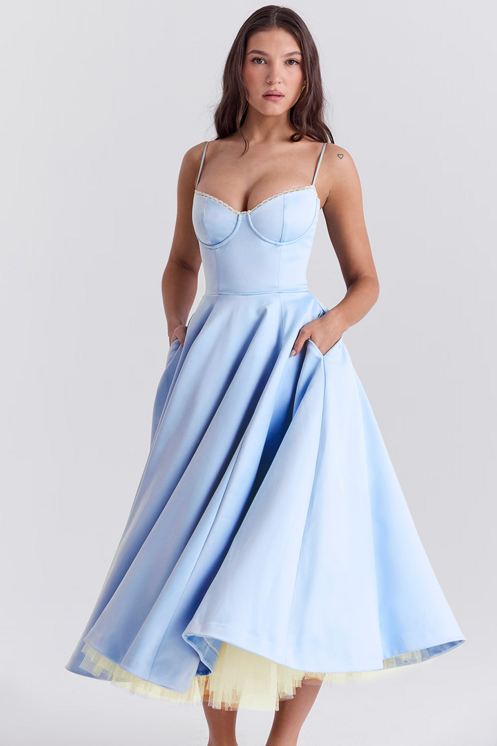 Damen Tüllkleid Elegant &amp; Feminin | Midikleid mit Verstellbaren Trägern | Romantisches Abendkleid für Hochzeiten &amp; Partys