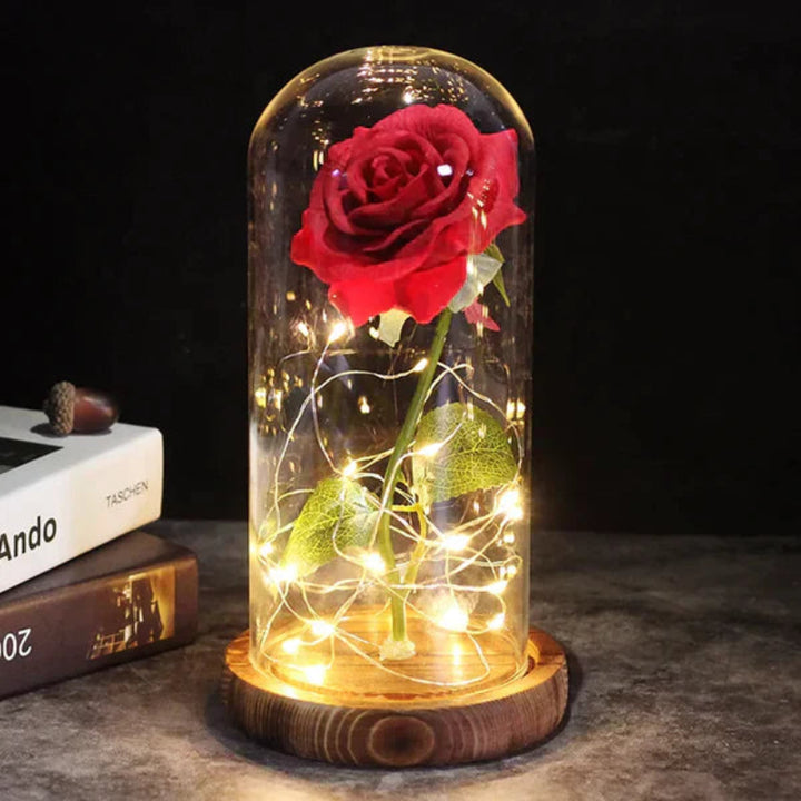LED-Rose im Glas | Dekolampe mit warmweißem Licht, Holzsockel und Galaxy-Effekt als romantisches Geschenk