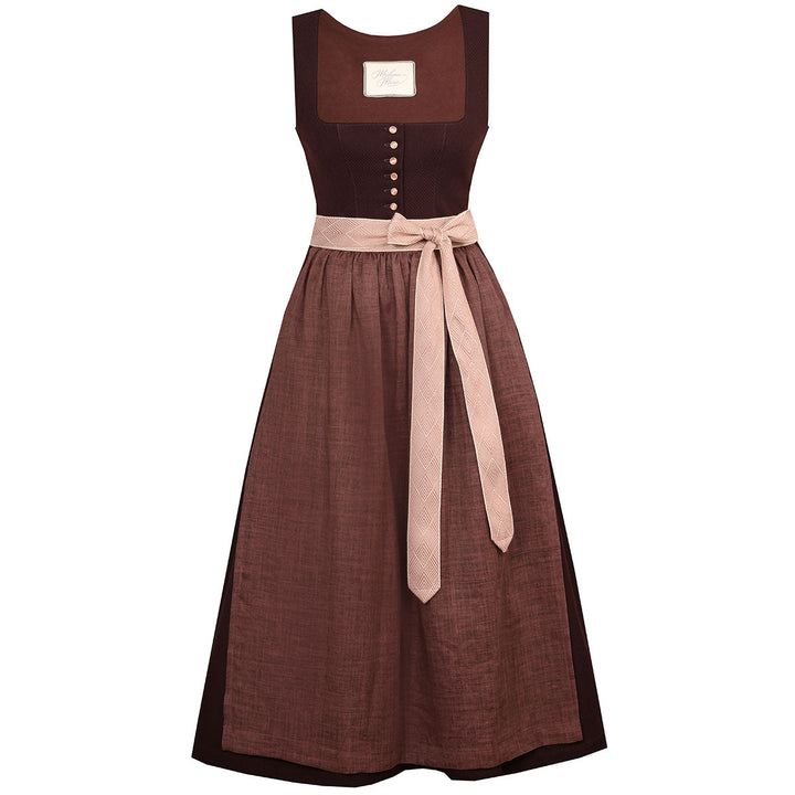 Damen Dirndl Schoko Traube | Midi Trachtenkleid mit Balkonett-Ausschnitt, Zierknöpfen und 75 cm Rocklänge