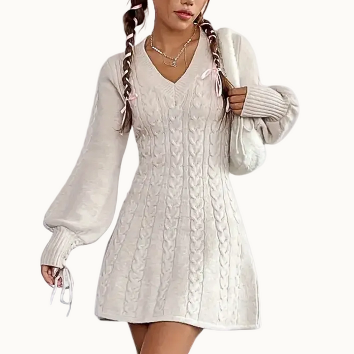 Damen Strickkleid mit Zopfmuster | Feminines Winterkleid mit V-Ausschnitt, Ballonärmeln und Bänderdetails | Ausgestellte Passform