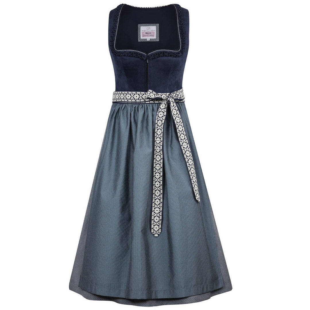 Damen Dirndl Midnight Blau | Midi Samtdirndl mit Herzausschnitt, Denim-Optik und 70 cm Rocklänge