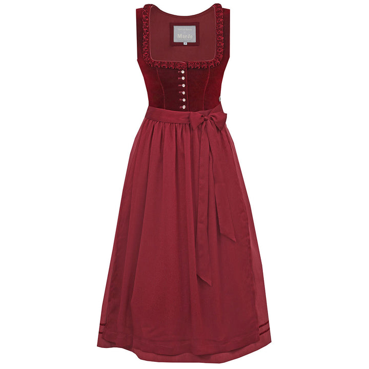 Damen Dirndl Weinrot | Midi Trachtenkleid mit Balkonett-Ausschnitt, Zierknöpfen und 70 cm Rocklänge