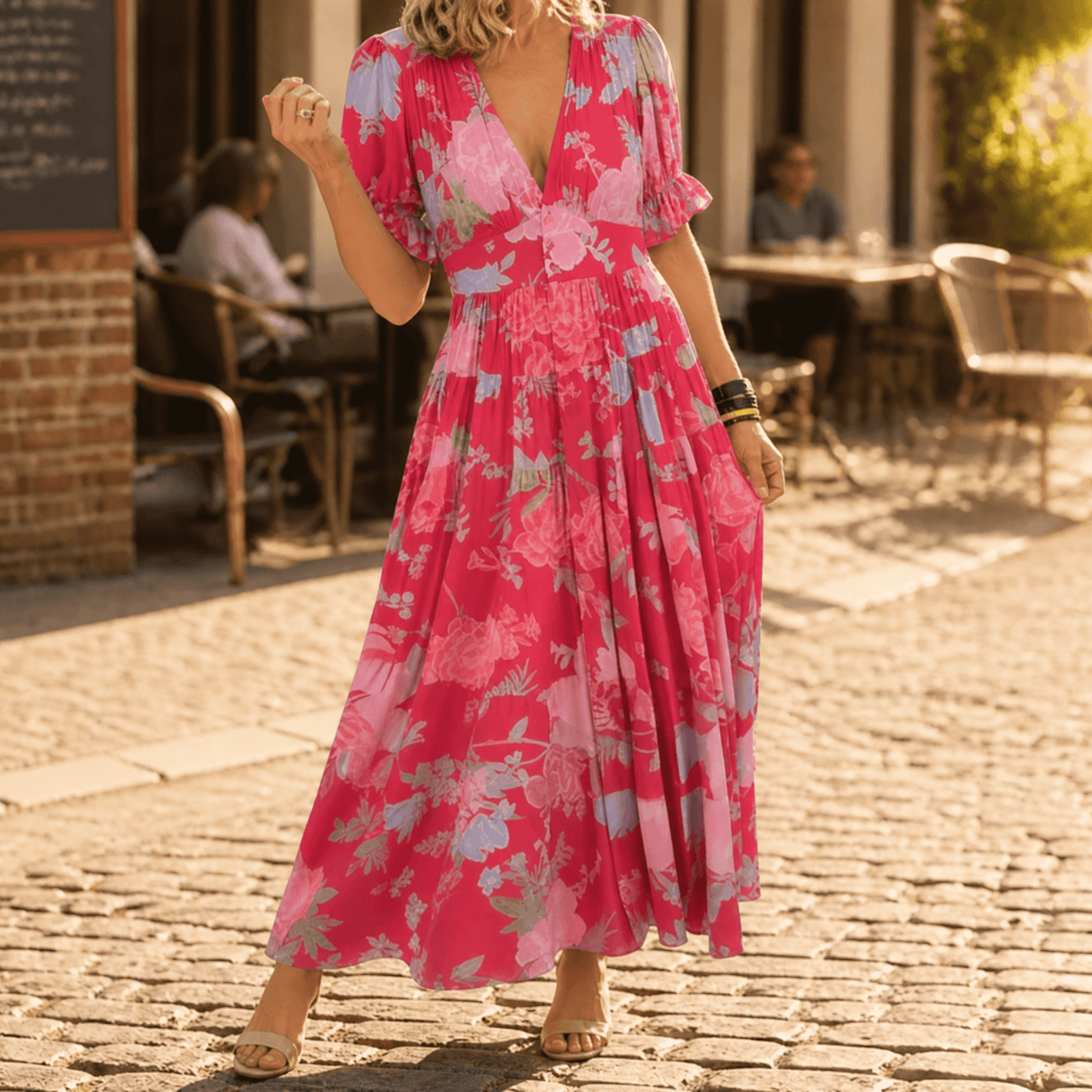fitted floral maxi dress Women's with pattern & V-neck There is something about Gold Armour by Chotronette Size:4XL - 51/54 - T6 rtly-exchange-group:rosalind-midi-dress