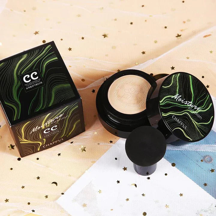 CC Cream Air Cushion with Mushroom Head Applicator | Color correction &amp; even complexion | Non-sticky, hides pores &amp; redness, 2 shades