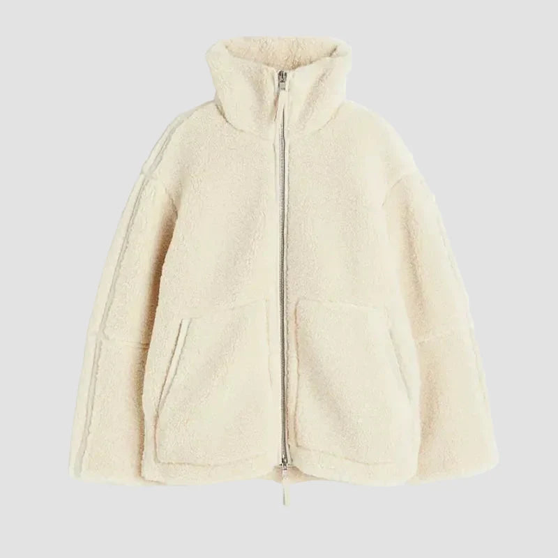 Damen Teddyjacke Oversize mit Reißverschluss | Flauschige Fleecejacke mit hohem Stehkragen und Seitentaschen für Alltag und Freizeit