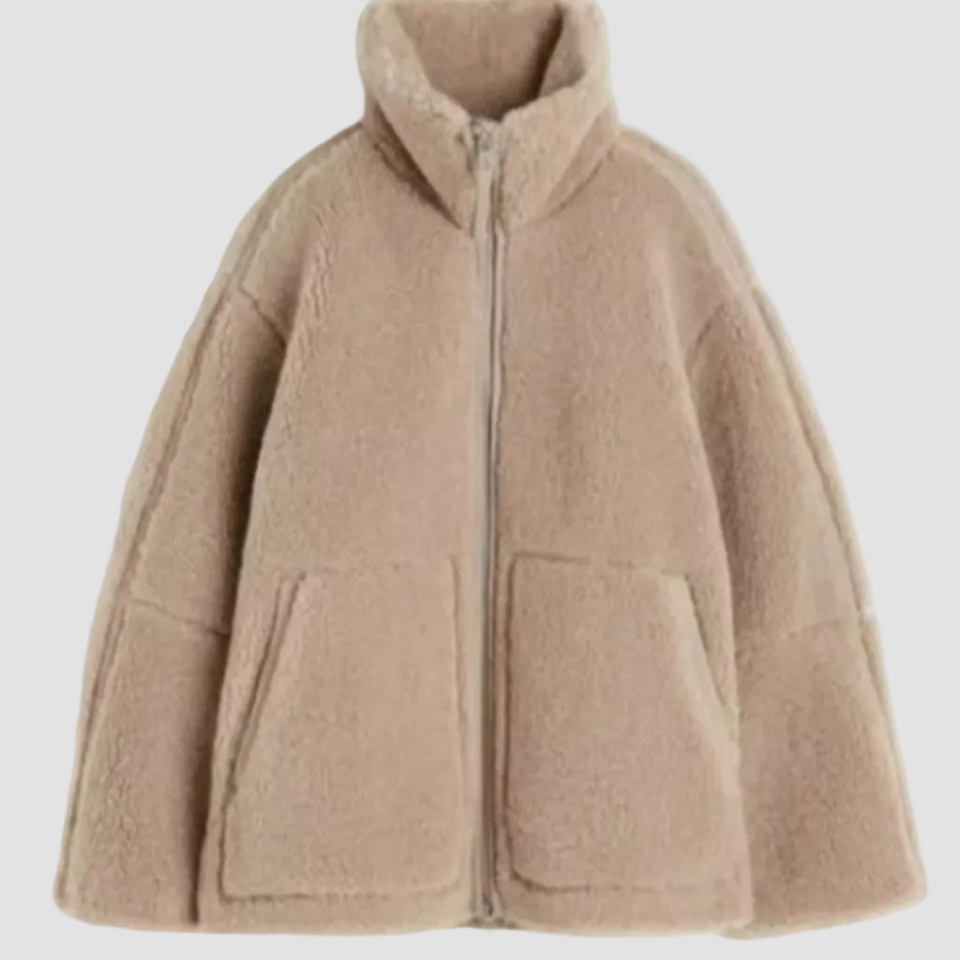 Damen Teddyjacke Oversize mit Reißverschluss | Flauschige Fleecejacke mit hohem Stehkragen und Seitentaschen für Alltag und Freizeit
