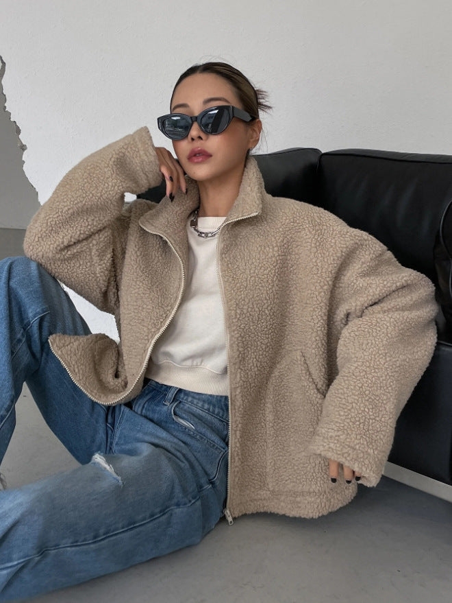 Damen Teddyjacke Oversize mit Reißverschluss | Flauschige Fleecejacke mit hohem Stehkragen und Seitentaschen für Alltag und Freizeit