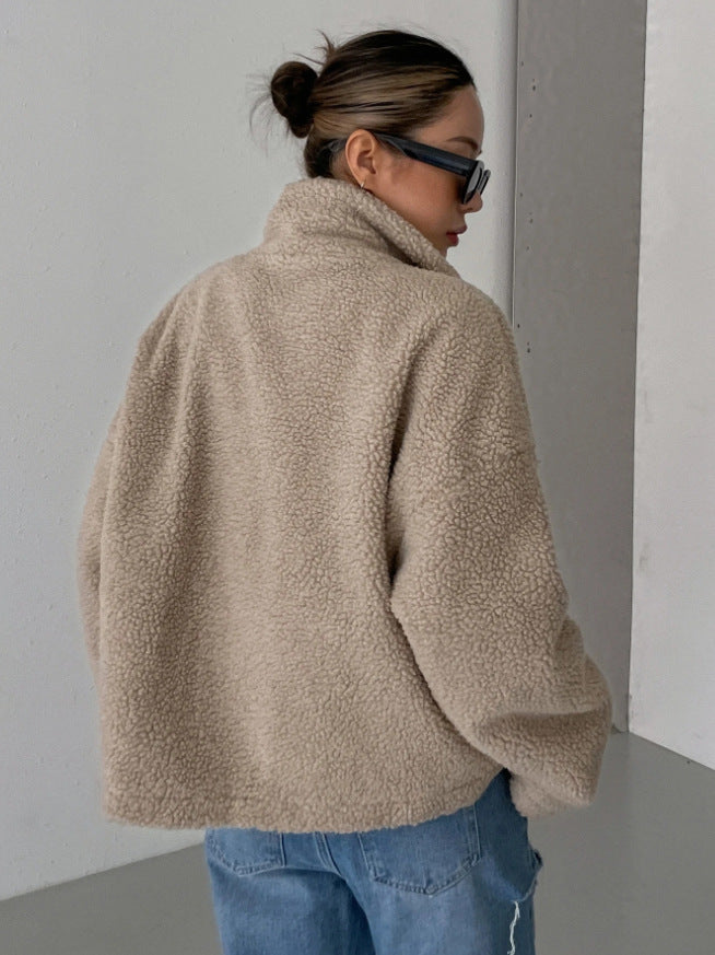 Damen Teddyjacke Oversize mit Reißverschluss | Flauschige Fleecejacke mit hohem Stehkragen und Seitentaschen für Alltag und Freizeit