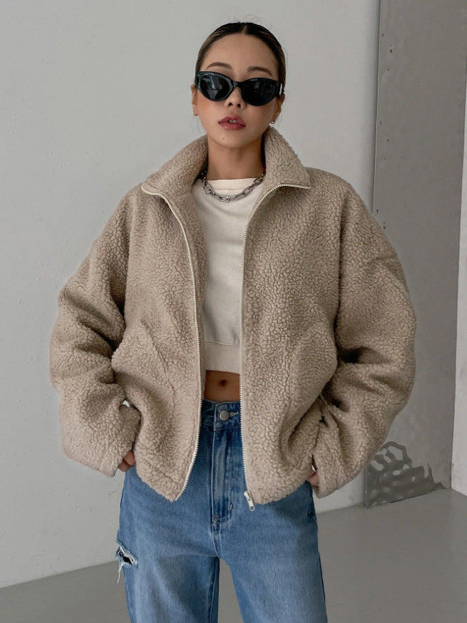Damen Teddyjacke Oversize mit Reißverschluss | Flauschige Fleecejacke mit hohem Stehkragen und Seitentaschen für Alltag und Freizeit