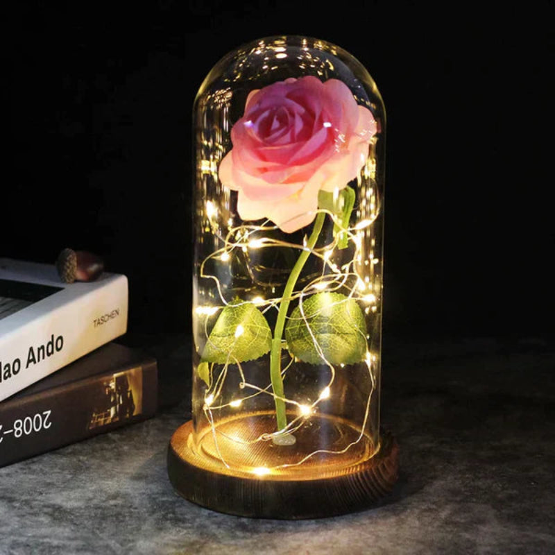 LED-Rose im Glas | Dekolampe mit warmweißem Licht, Holzsockel und Galaxy-Effekt als romantisches Geschenk
