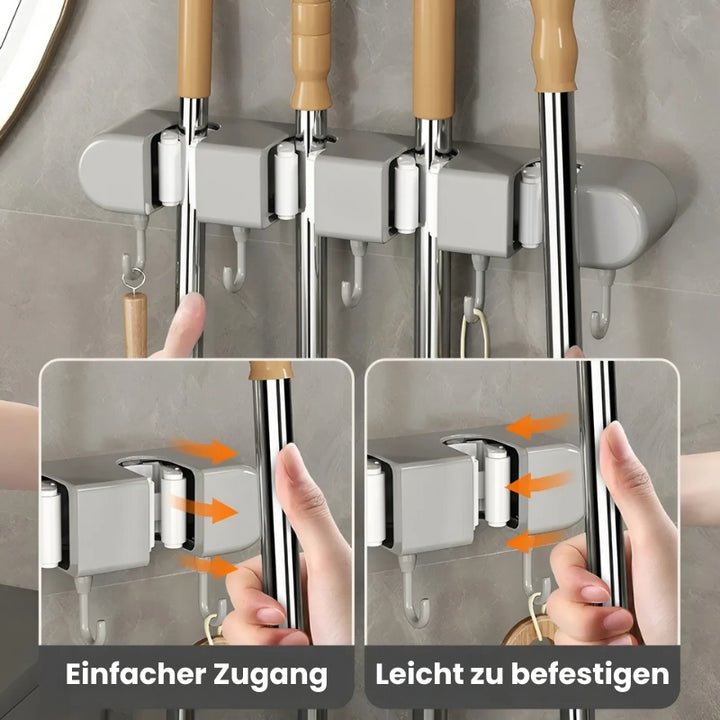 Wandhalterung für Besen &amp; Mopp | Selbstklebender Gerätehalter mit Haken