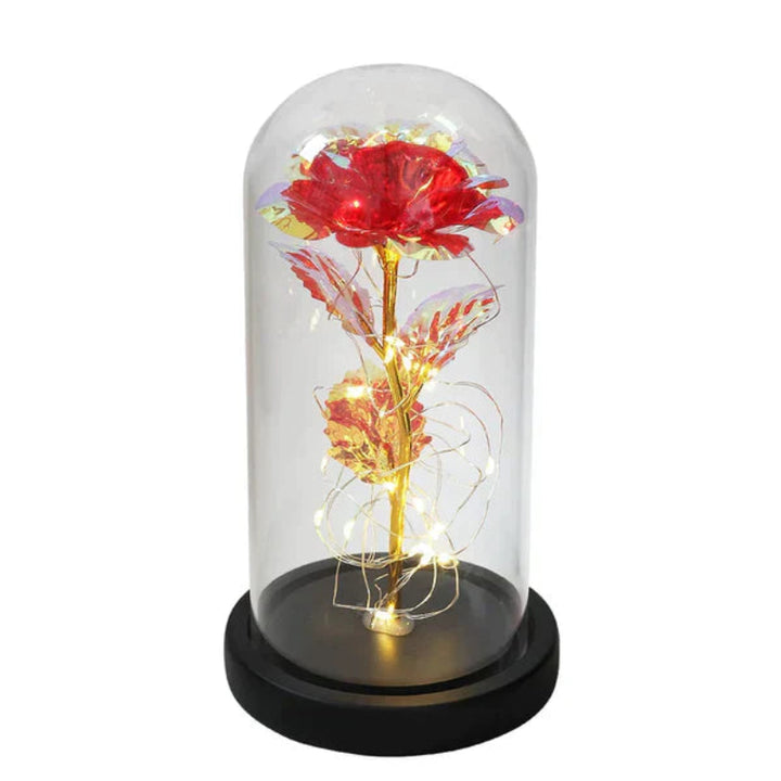 LED-Rose im Glas | Dekolampe mit warmweißem Licht, Holzsockel und Galaxy-Effekt als romantisches Geschenk