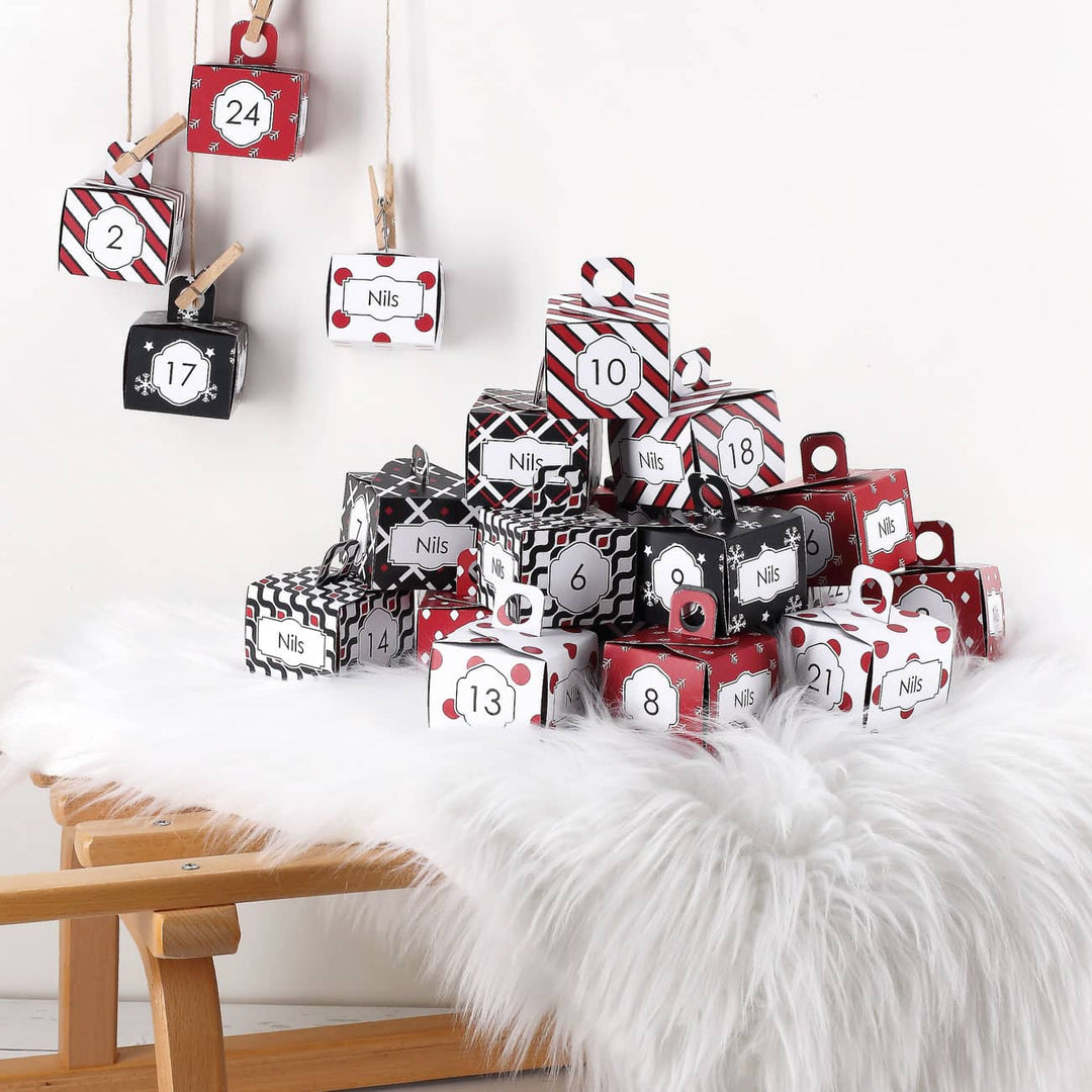 Adventskalender zum Befüllen mit Wunschtext | Personalisierter Weihnachtskalender mit 24 Türchen und Christbaumschmuck-Motiv
