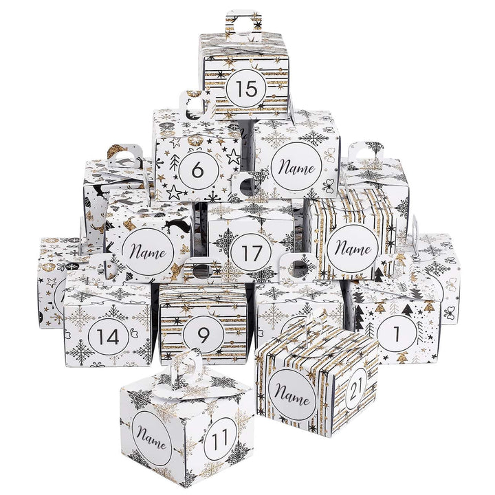 Adventskalender zum Befüllen mit Namen | 24 personalisierte Geschenkschachteln in Gold, Schwarz und Weiß zum Aufstellen oder Aufhängen