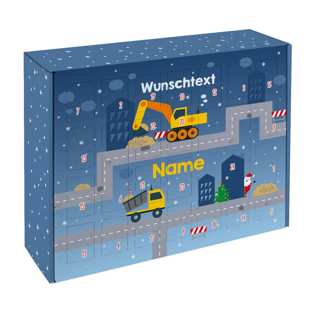 Bagger Adventskalender zum Befüllen | Personalisierter Weihnachtskalender mit 24 Türchen, Baustellenmotiv, Namen und Wunschtext