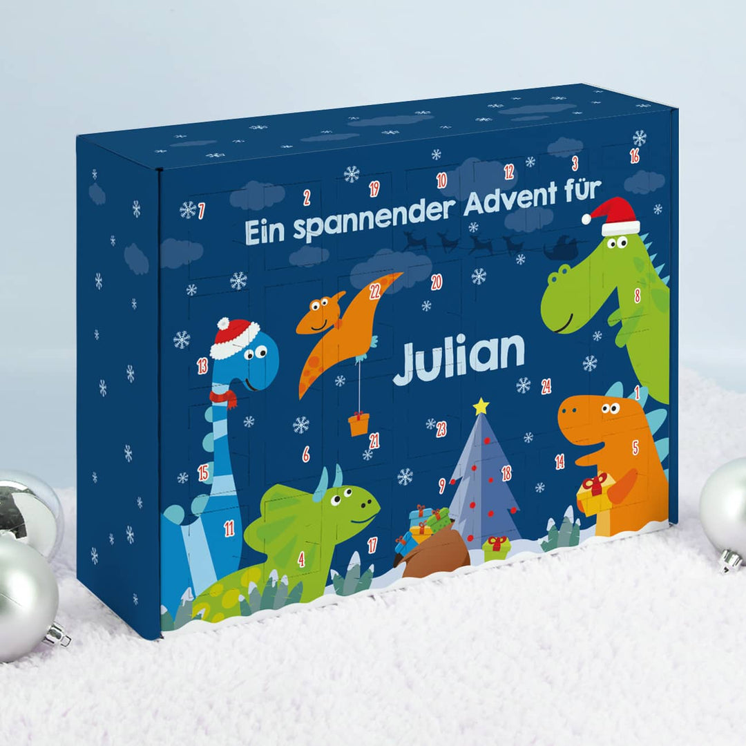 Dinosaurier Adventskalender | Personalisierter Weihnachtskalender mit Name, Wunschtext und 24 Fächern zum Selbstbefüllen für Kinder