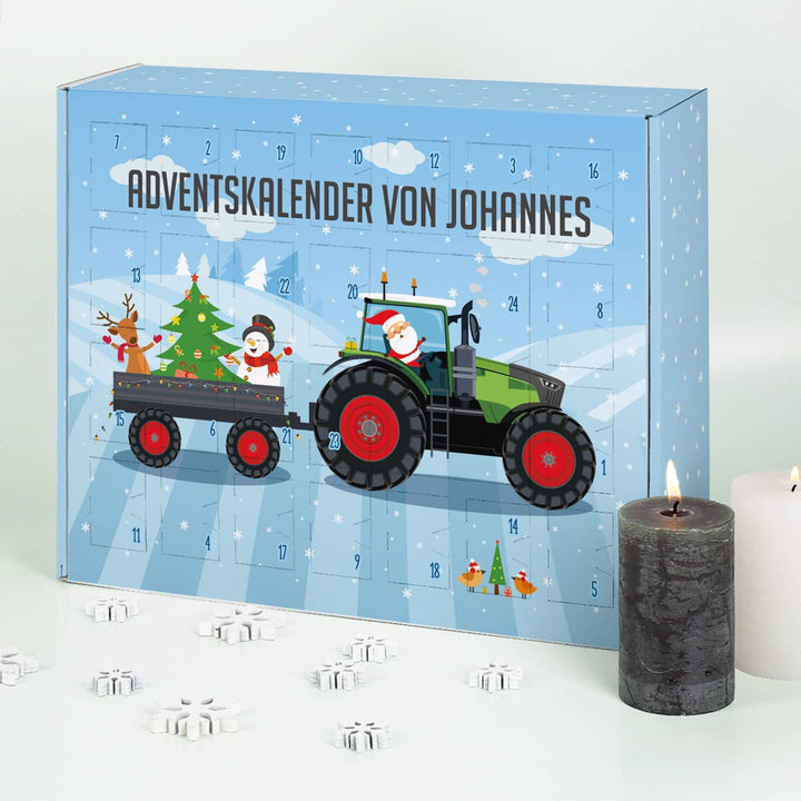 Adventskalender zum Befüllen | Personalisierter Traktor-Kalender mit Wunschtext und 24 Fächern für kleine Geschenke zu Weihnachten