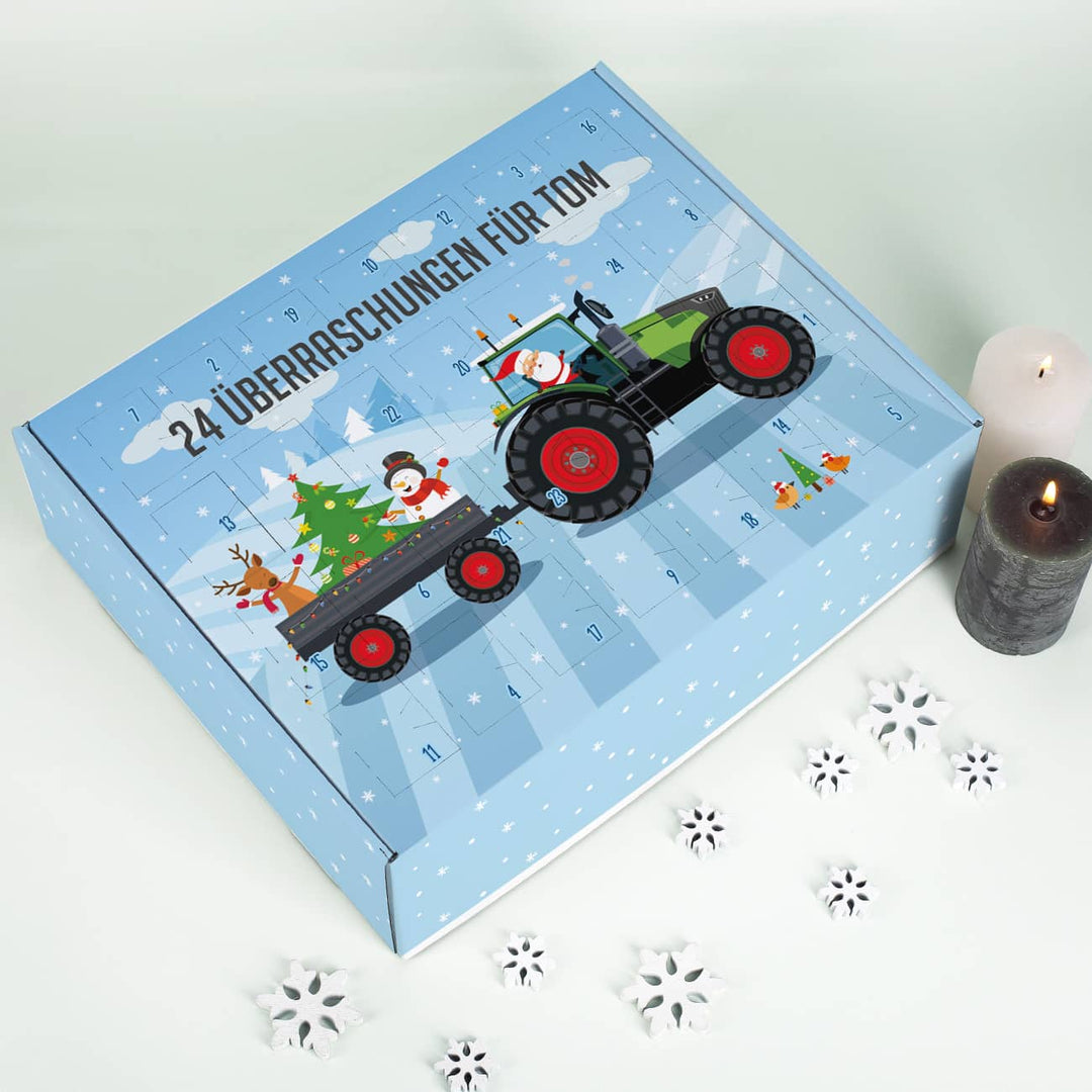 Adventskalender zum Befüllen | Personalisierter Traktor-Kalender mit Wunschtext und 24 Fächern für kleine Geschenke zu Weihnachten