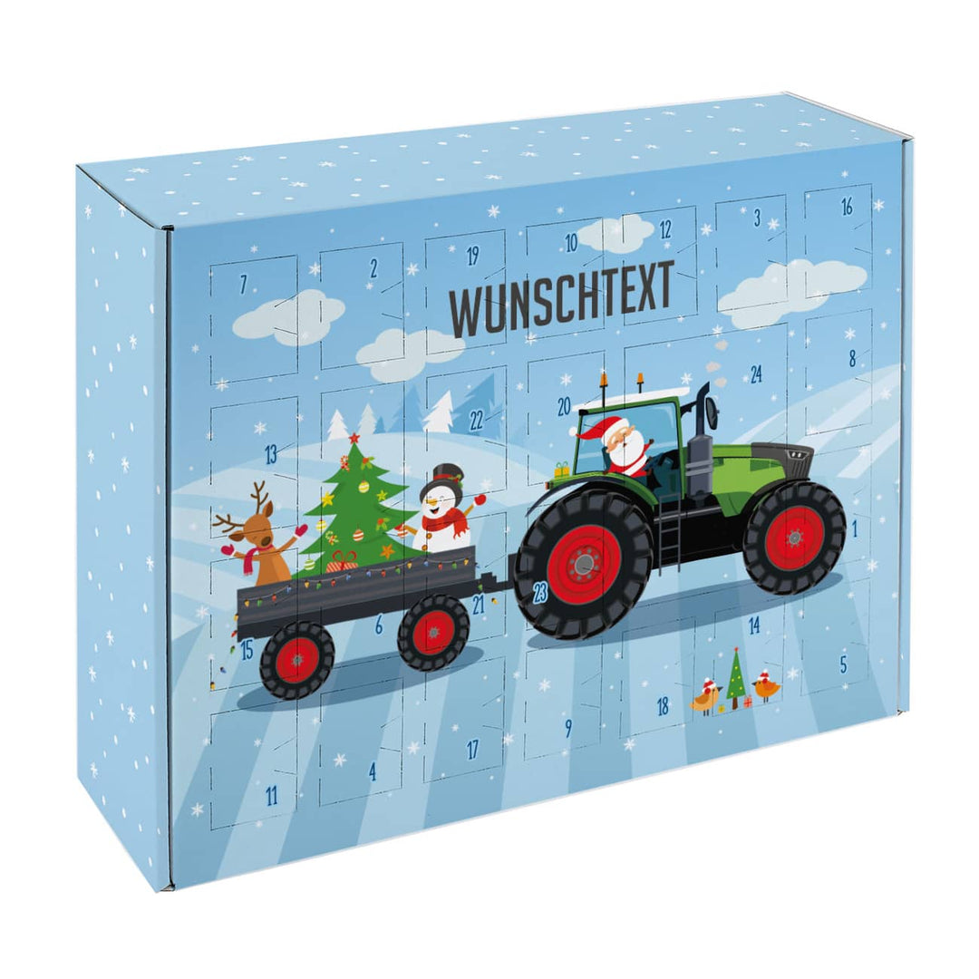 Adventskalender zum Befüllen | Personalisierter Traktor-Kalender mit Wunschtext und 24 Fächern für kleine Geschenke zu Weihnachten