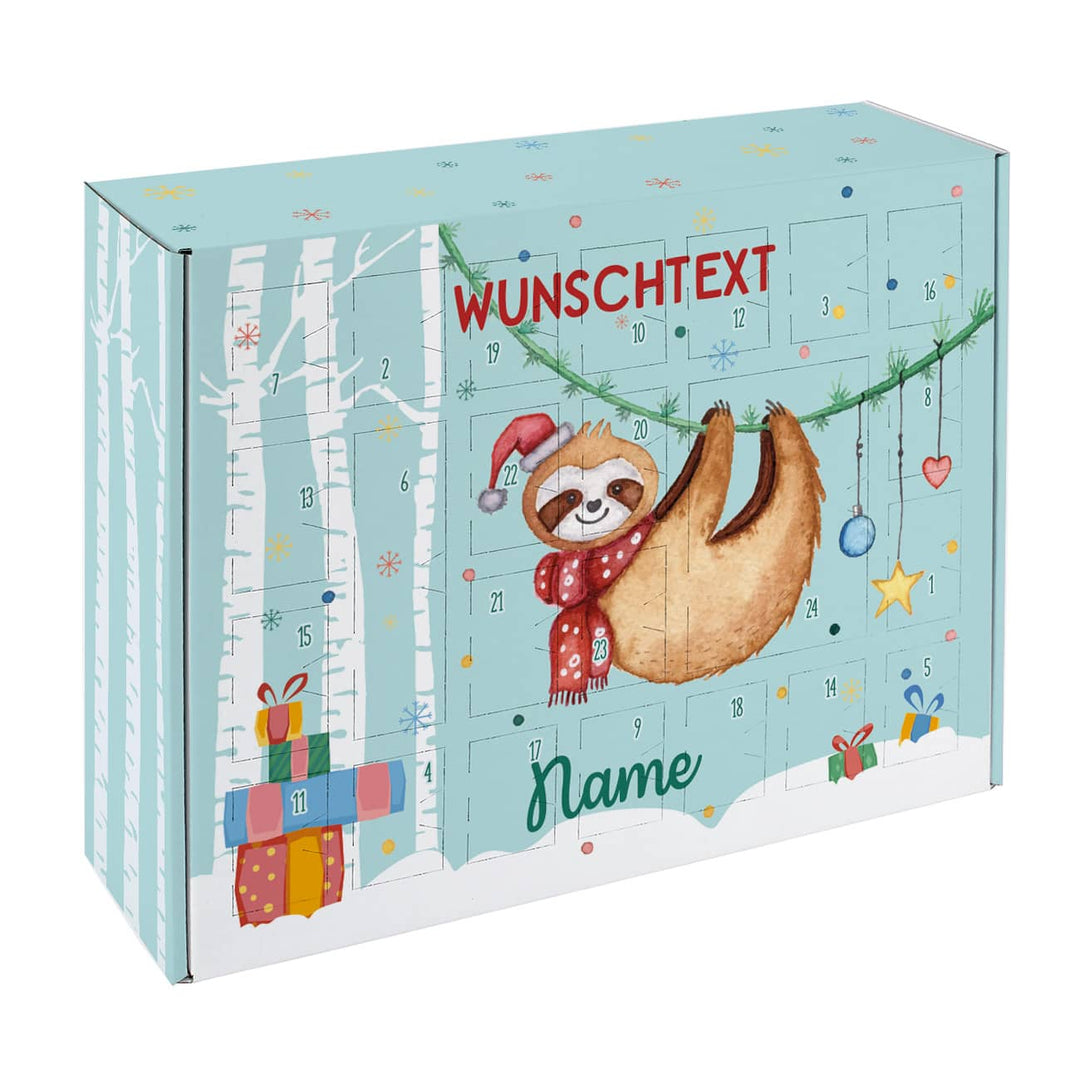 Faultier Adventskalender zum Befüllen | Personalisierter Weihnachtskalender mit 24 Türchen, Faultiermotiv, Namen und Wunschtext