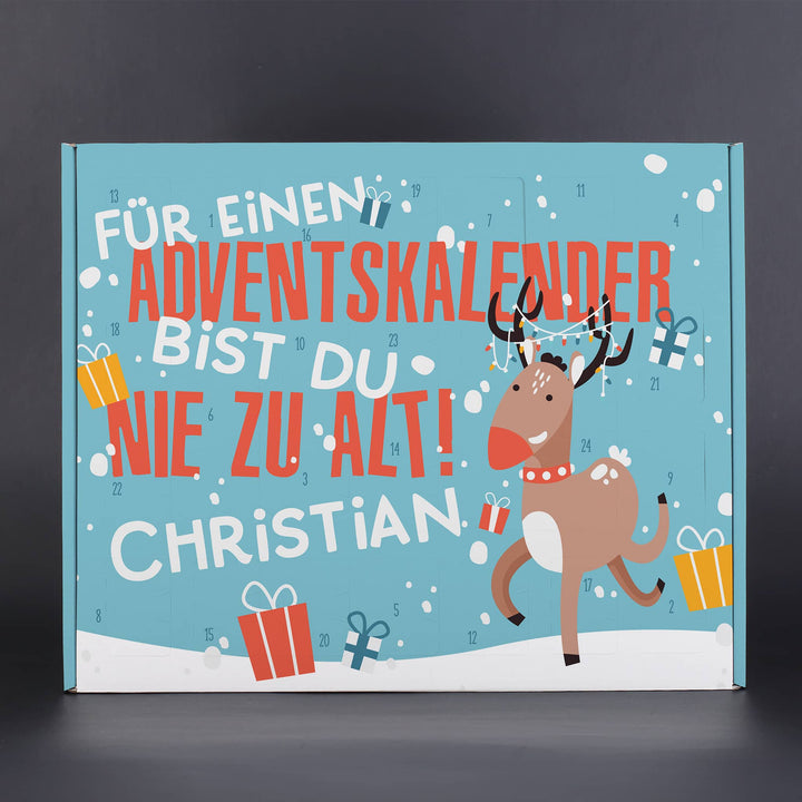 Adventskalender zum Befüllen mit Namen | Personalisierter Weihnachtskalender mit 24 Türchen, Rentiermotiv und lustigem Spruch