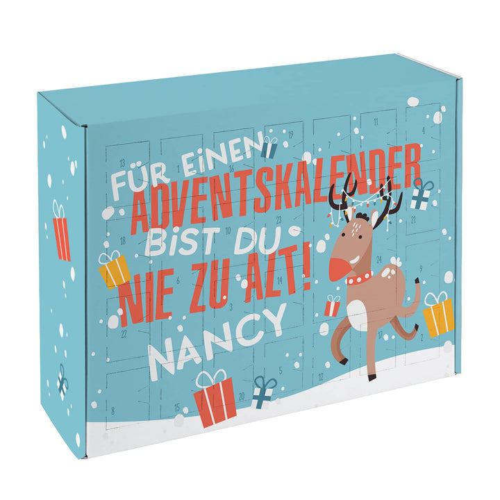 Adventskalender zum Befüllen mit Namen | Personalisierter Weihnachtskalender mit 24 Türchen, Rentiermotiv und lustigem Spruch