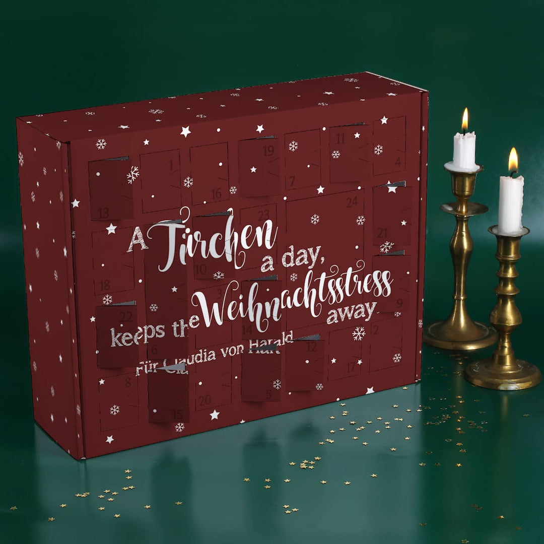 Adventskalender zum Befüllen | Personalisierter Weihnachtskalender mit lustigem Spruch, Wunschtext und 24 Fächern für kleine Geschenke