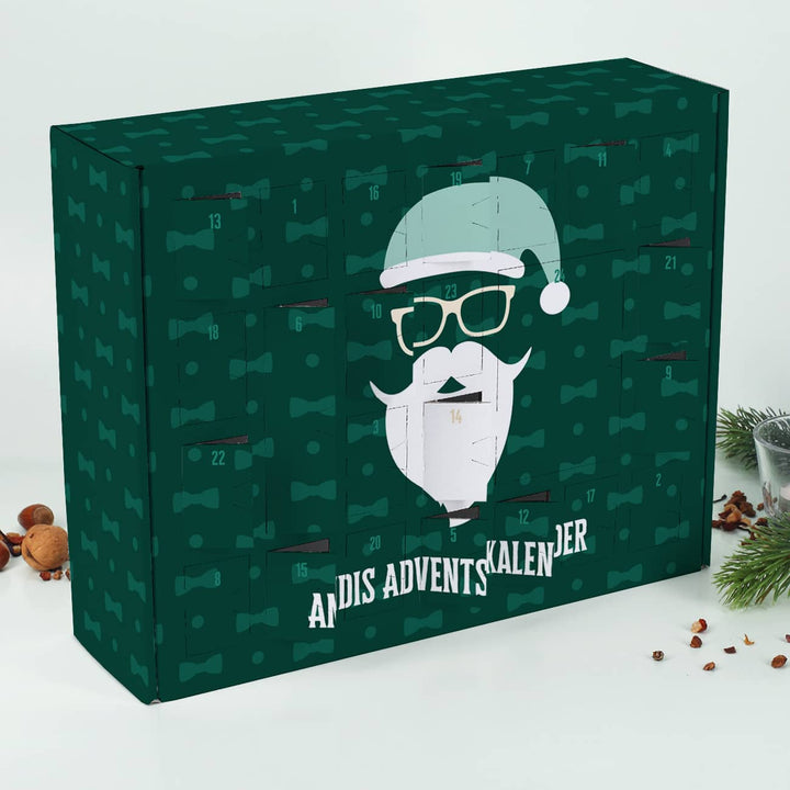 Adventskalender zum Befüllen | Personalisierter Weihnachtskalender mit Hipster-Weihnachtsmann, Wunschtext und 24 Fächern für Männer