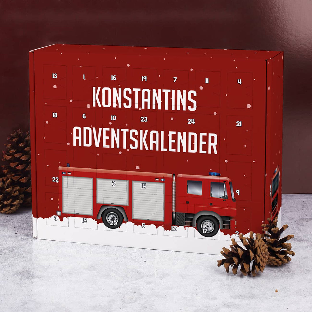 Feuerwehr Adventskalender zum Befüllen | Personalisierter Weihnachtskalender mit 24 Türchen, Feuerwehrauto und Wunschtext