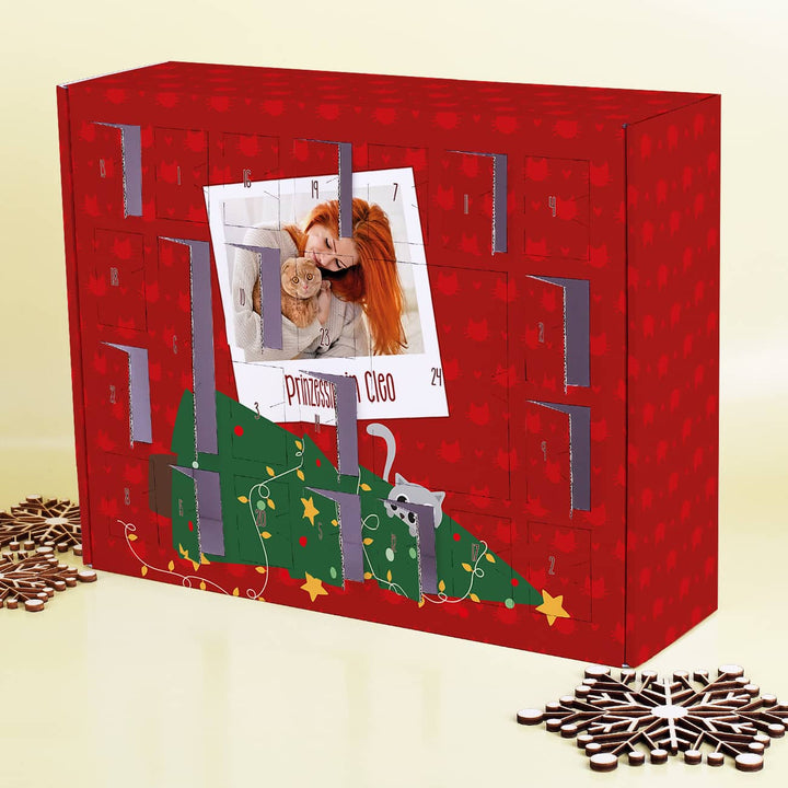 Katzen Adventskalender mit Foto | Personalisierter Weihnachtskalender zum Befüllen mit 24 Türchen, Katzenmotiv und Wunschtext