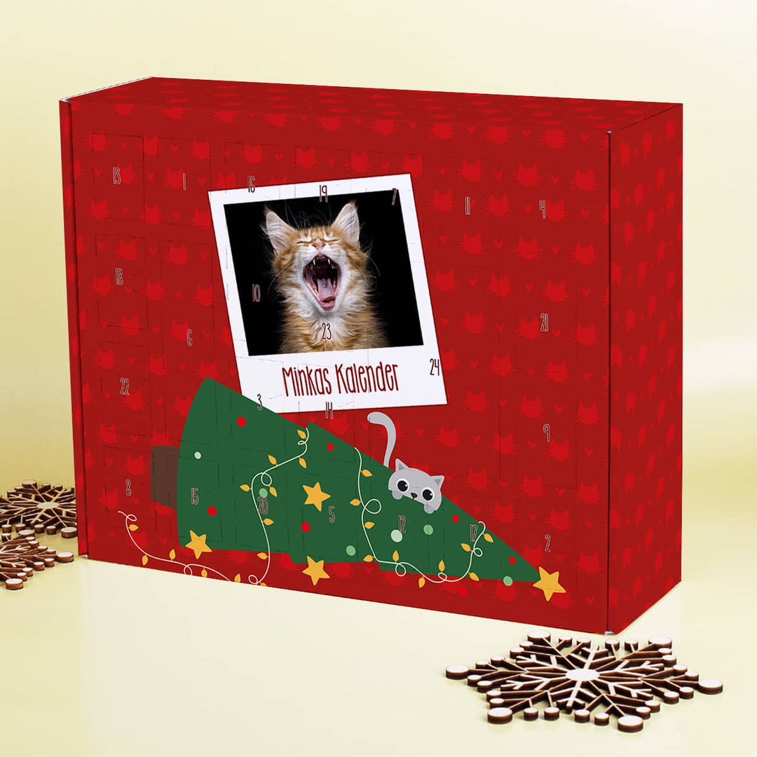Katzen Adventskalender mit Foto | Personalisierter Weihnachtskalender zum Befüllen mit 24 Türchen, Katzenmotiv und Wunschtext