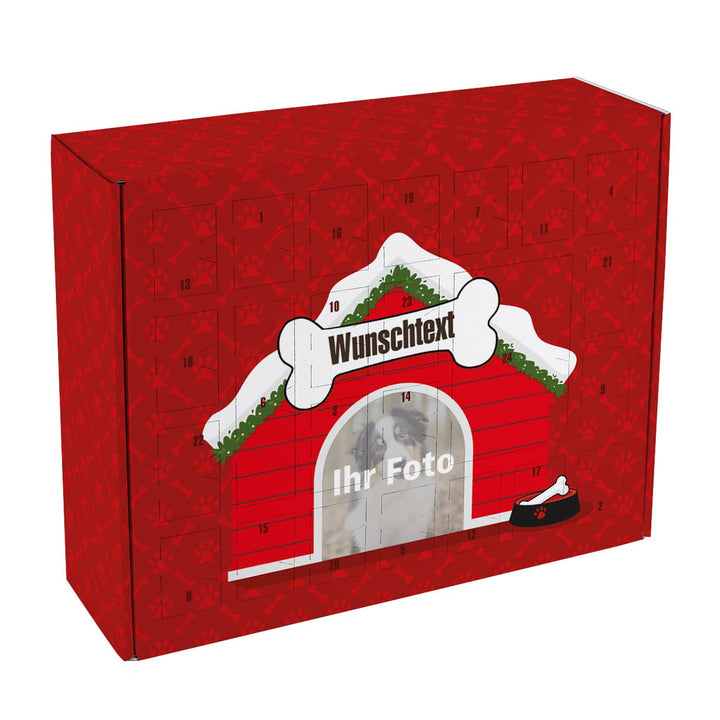 Adventskalender für Hunde | Personalisiert mit eigenem Foto und Wunschtext, 24 Fächern zum Befüllen mit Leckerlis und Geschenken