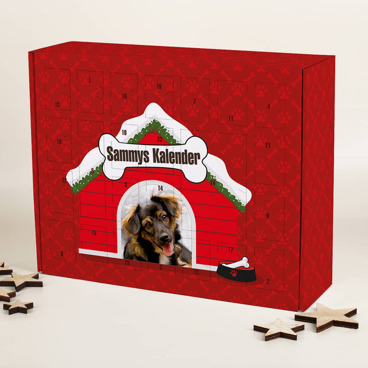 Adventskalender für Hunde | Personalisiert mit eigenem Foto und Wunschtext, 24 Fächern zum Befüllen mit Leckerlis und Geschenken