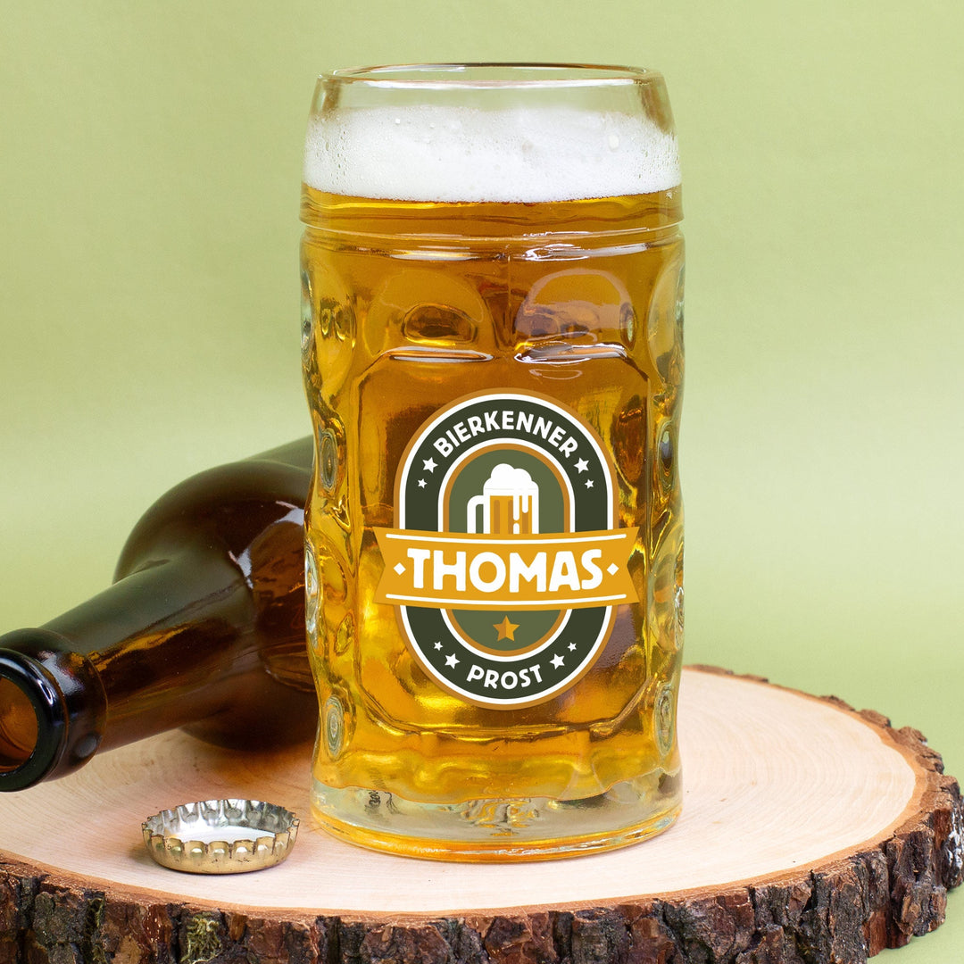 Bierseidel mit Gravur | Personalisierter Bierkrug mit Name in 1 l, 0,5 l oder 4 cl als Geschenk für Bierkenner