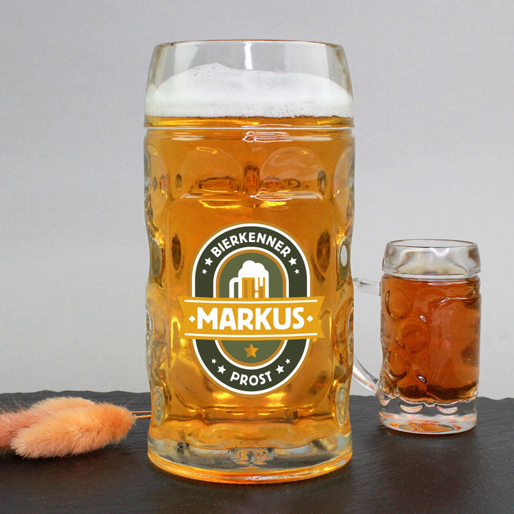 Bierseidel mit Gravur | Personalisierter Bierkrug mit Name in 1 l, 0,5 l oder 4 cl als Geschenk für Bierkenner
