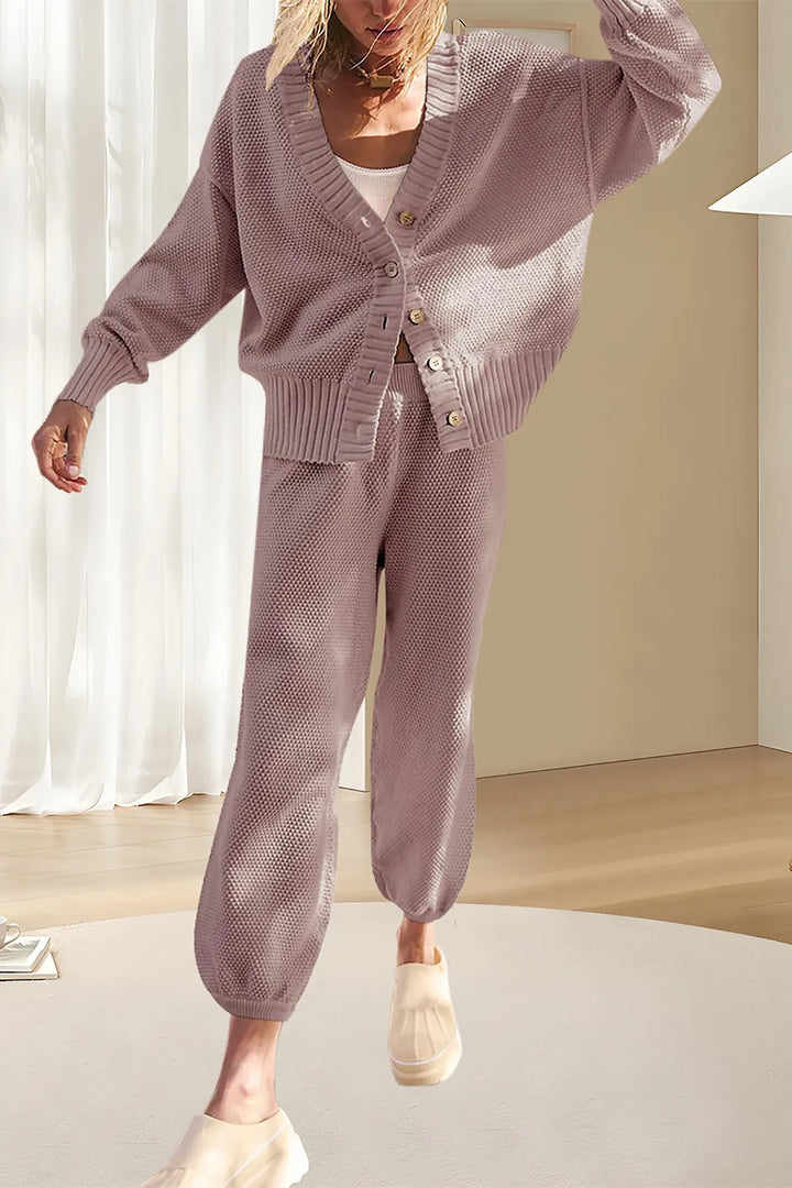 Damen Strick Set | Gerippter Cardigan mit Knöpfen &amp; Hose mit hoher Taille für Alltag und Freizeit