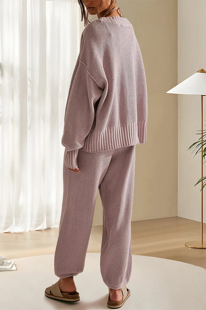 Damen Strick Set | Gerippter Cardigan mit Knöpfen &amp; Hose mit hoher Taille für Alltag und Freizeit