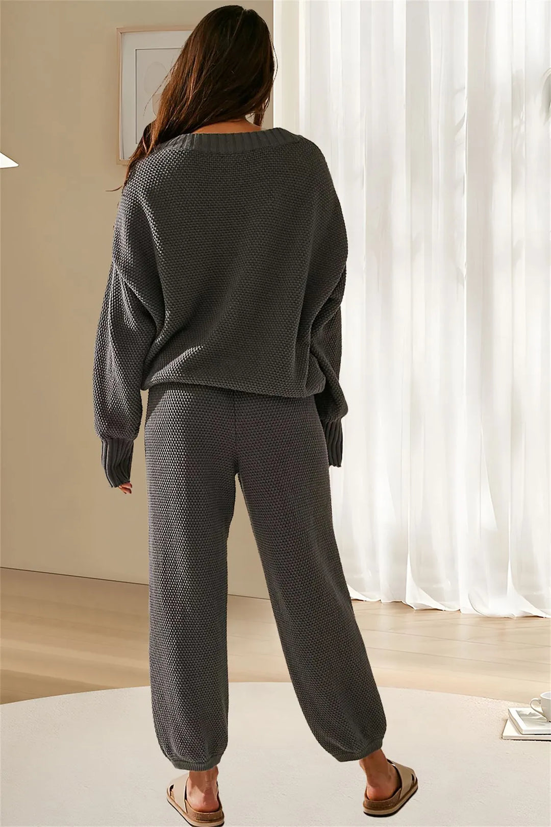 Damen Strick Set | Gerippter Cardigan mit Knöpfen &amp; Hose mit hoher Taille für Alltag und Freizeit