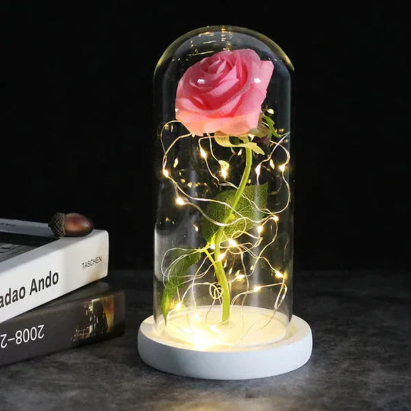 LED-Rose im Glas | Dekolampe mit warmweißem Licht, Holzsockel und Galaxy-Effekt als romantisches Geschenk