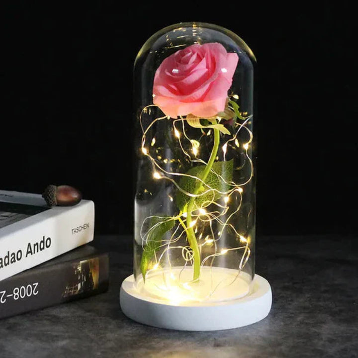 LED-Rose im Glas | Dekolampe mit warmweißem Licht, Holzsockel und Galaxy-Effekt als romantisches Geschenk