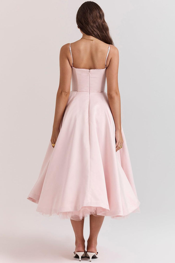 Damen Tüllkleid Elegant &amp; Feminin | Midikleid mit Verstellbaren Trägern | Romantisches Abendkleid für Hochzeiten &amp; Partys