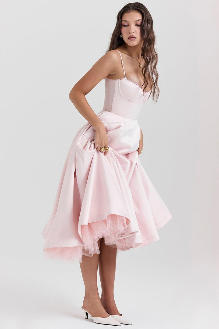 Damen Tüllkleid Elegant &amp; Feminin | Midikleid mit Verstellbaren Trägern | Romantisches Abendkleid für Hochzeiten &amp; Partys