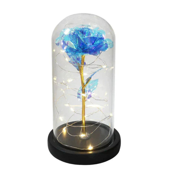LED-Rose im Glas | Dekolampe mit warmweißem Licht, Holzsockel und Galaxy-Effekt als romantisches Geschenk