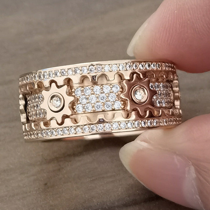 Spinner ring made of stainless steel with 6 gears | Rotatable anti-stress ring with zirconia | Sizes 7–12, mechanical design