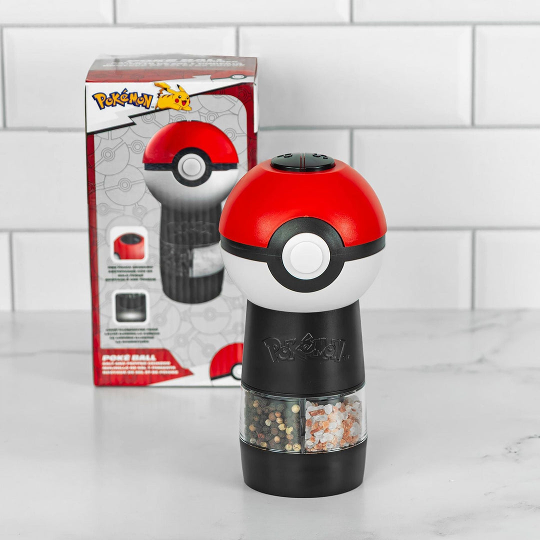 Elektrische Salz- und Pfeffermühle | Pokémon Pokéball Gewürzmühle mit 2 getrennten Fächern, Knopfdruck und Batteriebetrieb