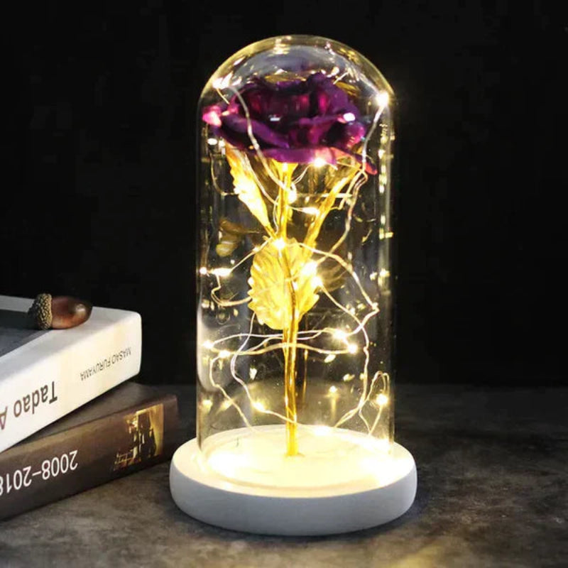 LED-Rose im Glas | Dekolampe mit warmweißem Licht, Holzsockel und Galaxy-Effekt als romantisches Geschenk