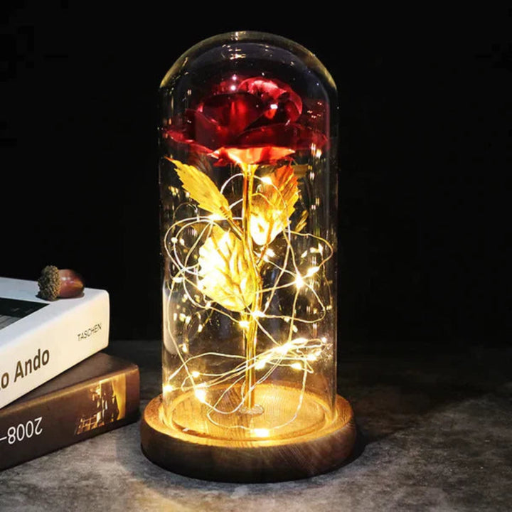 LED-Rose im Glas | Dekolampe mit warmweißem Licht, Holzsockel und Galaxy-Effekt als romantisches Geschenk