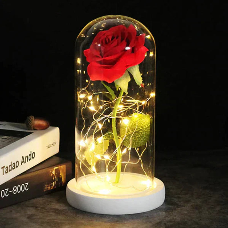 LED-Rose im Glas | Dekolampe mit warmweißem Licht, Holzsockel und Galaxy-Effekt als romantisches Geschenk